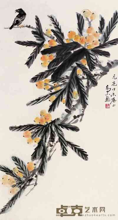 乔木 枇杷小鸟图 立轴 88×47cm